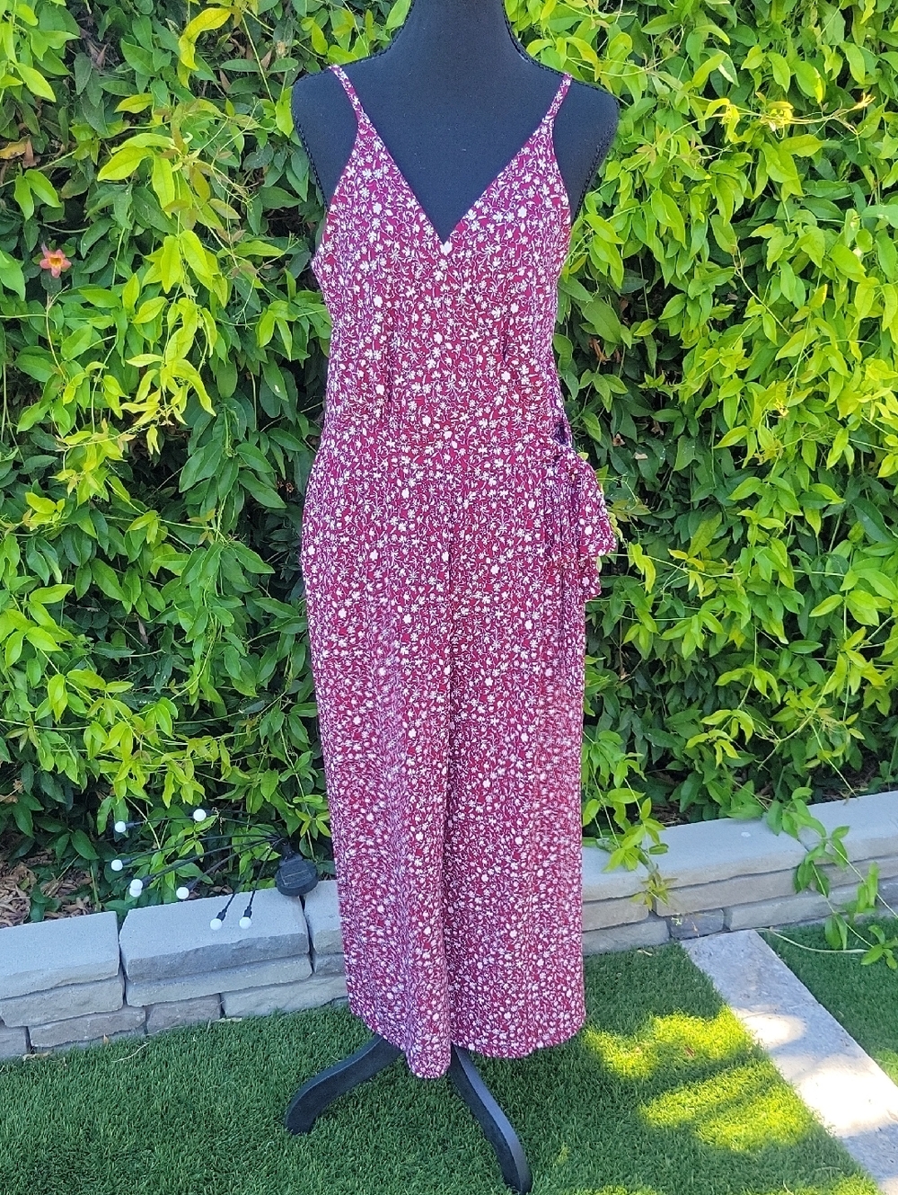 Burgundy Floral Wrap Jumpsuit With Pockets Size L